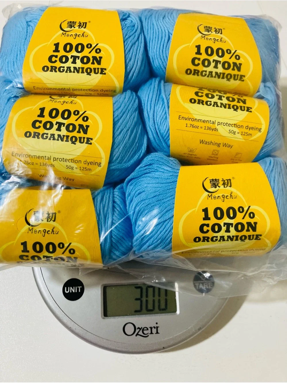 NWT 6 Mengchu 100% Organic Cotton Yarn Color: Sky Blue ~48g ea 10 oz total